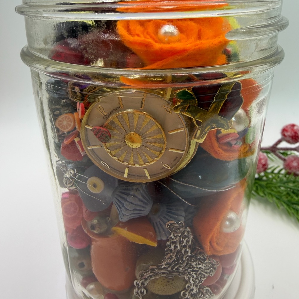 Colorful Jewelry Jar with Beads, Pendent, Wooden Fruit, Pearls, Ring & Watch